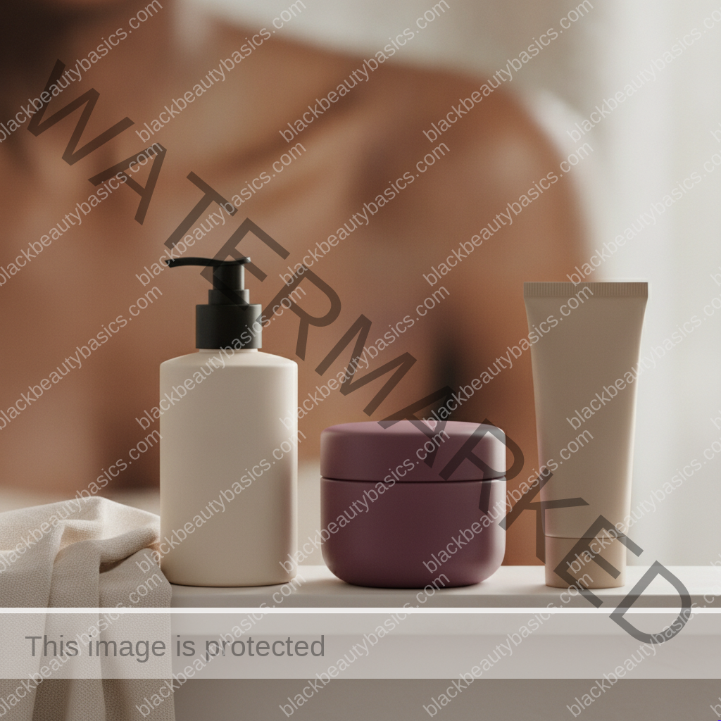 Three plain skincare containers beside a soft cloth on a bathroom shelf