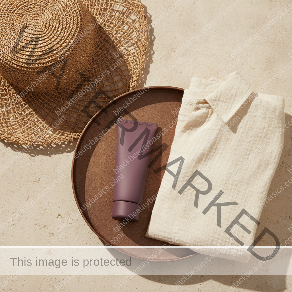 Wide-brimmed hat, plain sunscreen tube and cotton shirt arranged for an outdoor day