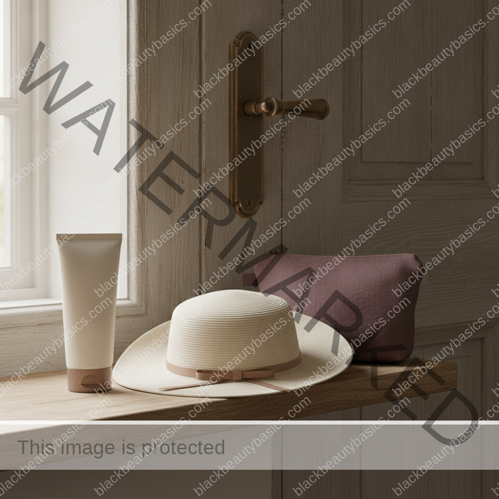 Plain sunscreen tube, sun hat and plum fabric bag arranged by a doorway