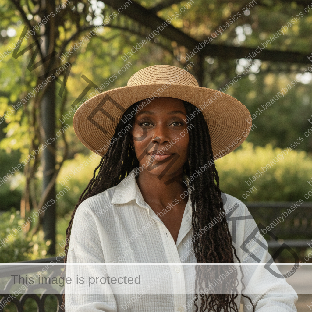 Black woman with rich brown skin and a wide-brimmed hat sitting in outdoor shade