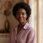 Black woman with deep brown skin and natural coils beside a softly lit window