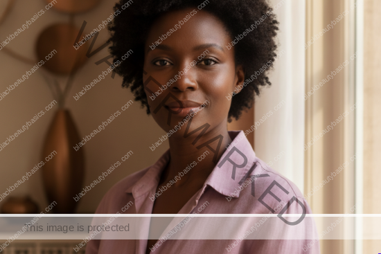 Black woman with deep brown skin and natural coils beside a softly lit window