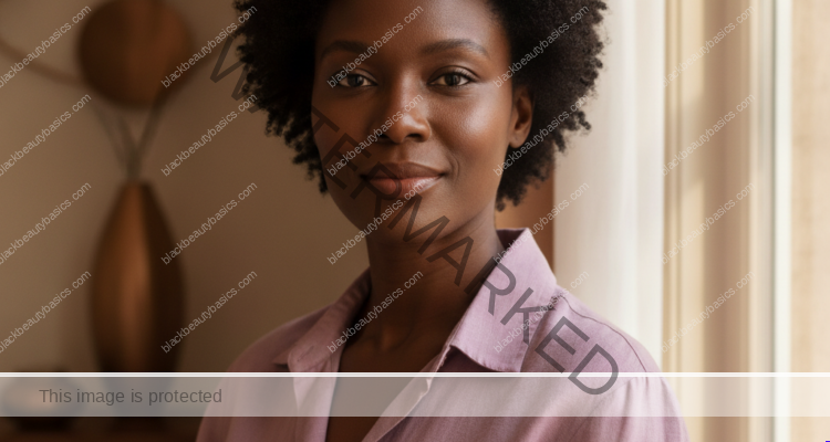 Black woman with deep brown skin and natural coils beside a softly lit window
