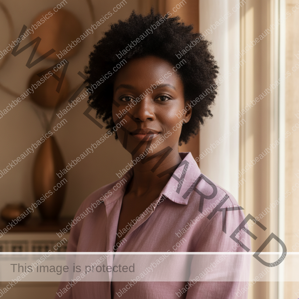 Black woman with deep brown skin and natural coils beside a softly lit window