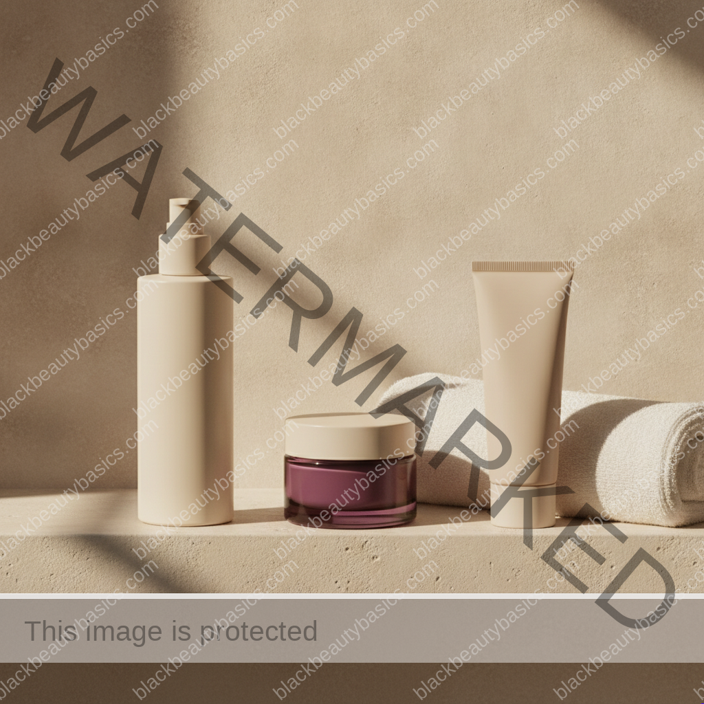 Three plain skincare containers and a soft cotton cloth on a bathroom shelf