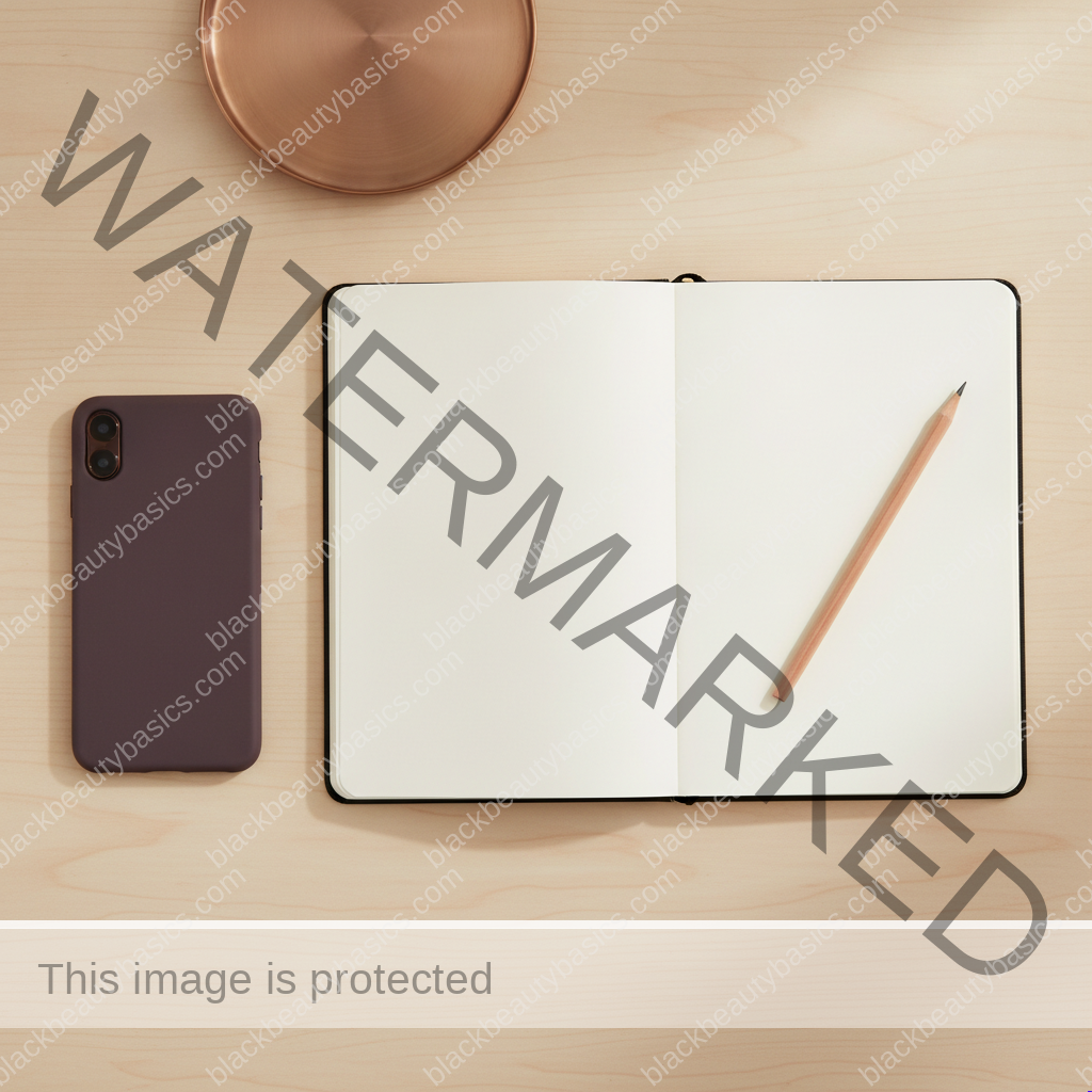 Blank notebook, pencil and phone turned face down on a warm ivory desk