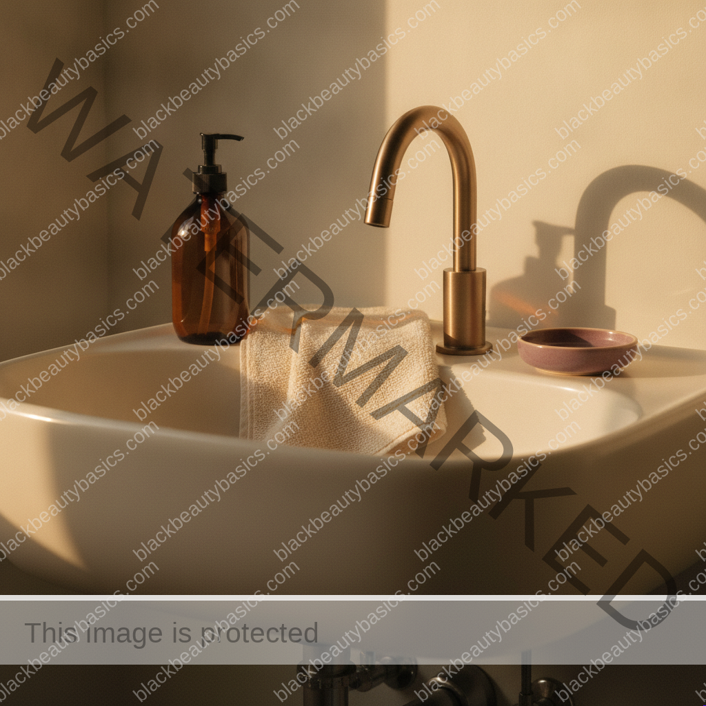 Plain cleanser pump and soft towel draped over an ivory bathroom sink