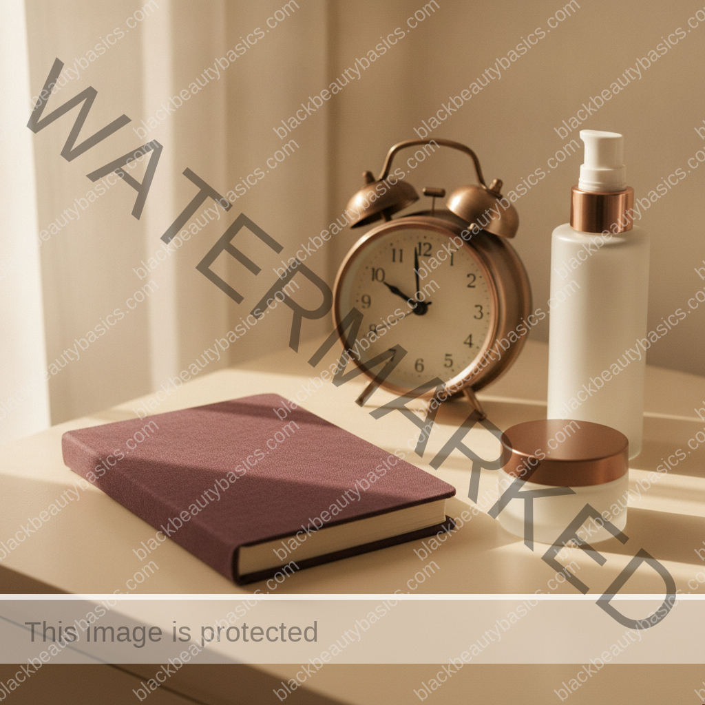 Closed plum notebook and plain skincare containers beside an alarm clock in morning light