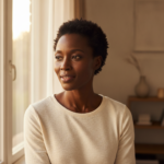 Black woman with deep brown skin and short natural coils in warm morning light