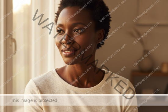 Black woman with deep brown skin and short natural coils in warm morning light