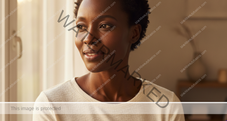 Black woman with deep brown skin and short natural coils in warm morning light