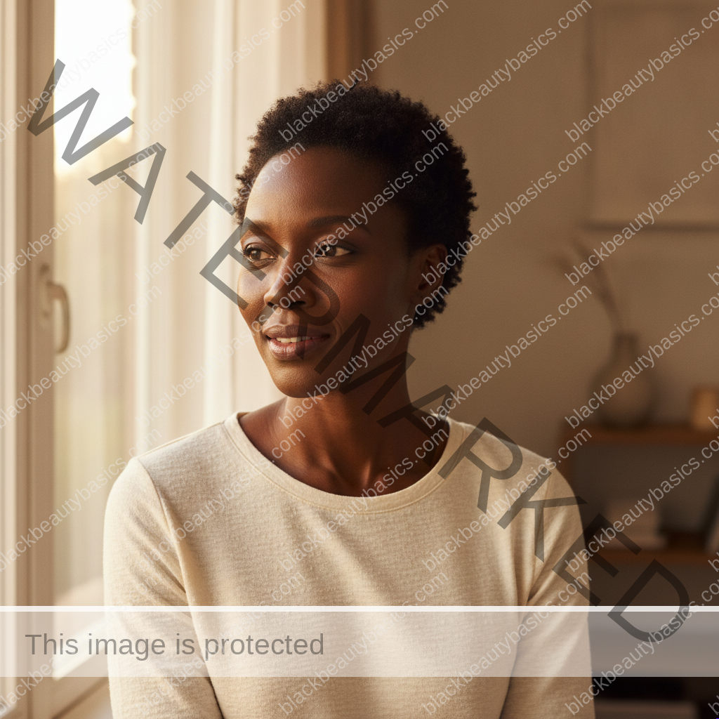 Black woman with deep brown skin and short natural coils in warm morning light
