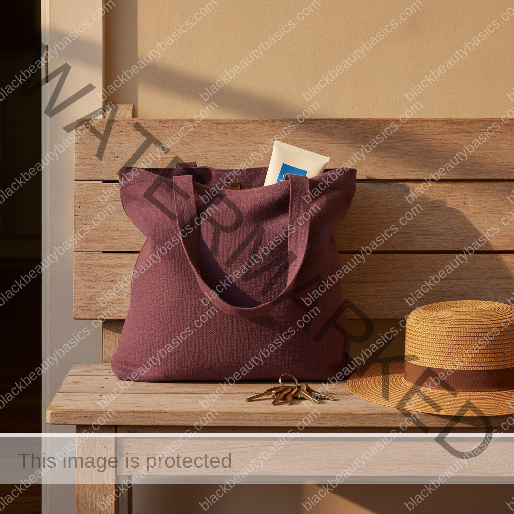 Plum tote with a sunscreen tube beside keys and a straw sun hat