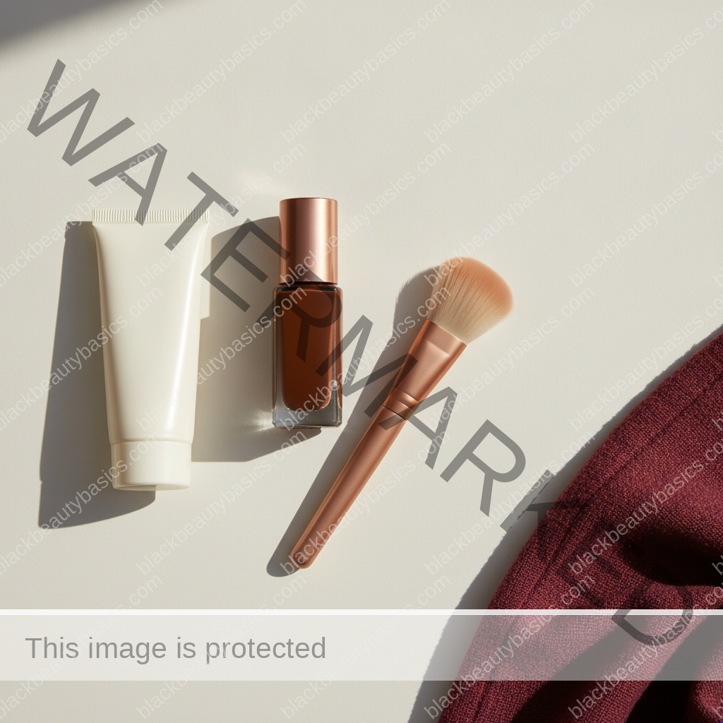 Plain sunscreen tube, closed foundation bottle and makeup brush on an ivory vanity