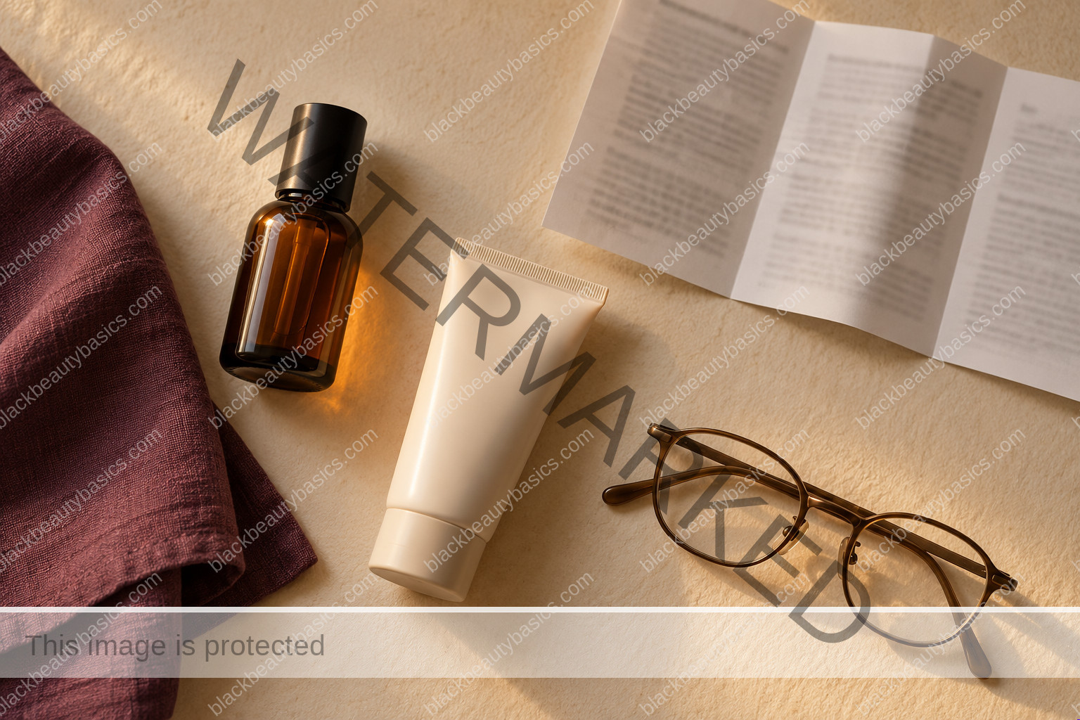 Skincare bottle and moisturizer beside an out-of-focus leaflet and bronze reading glasses