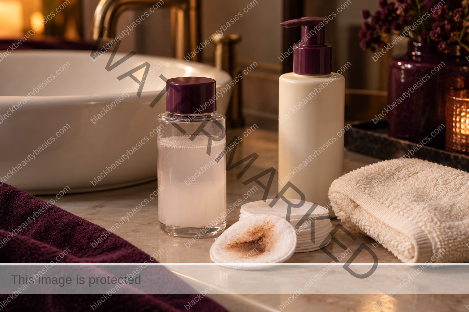 Makeup remover, cleanser, cotton pads and soft towels beside an ivory basin