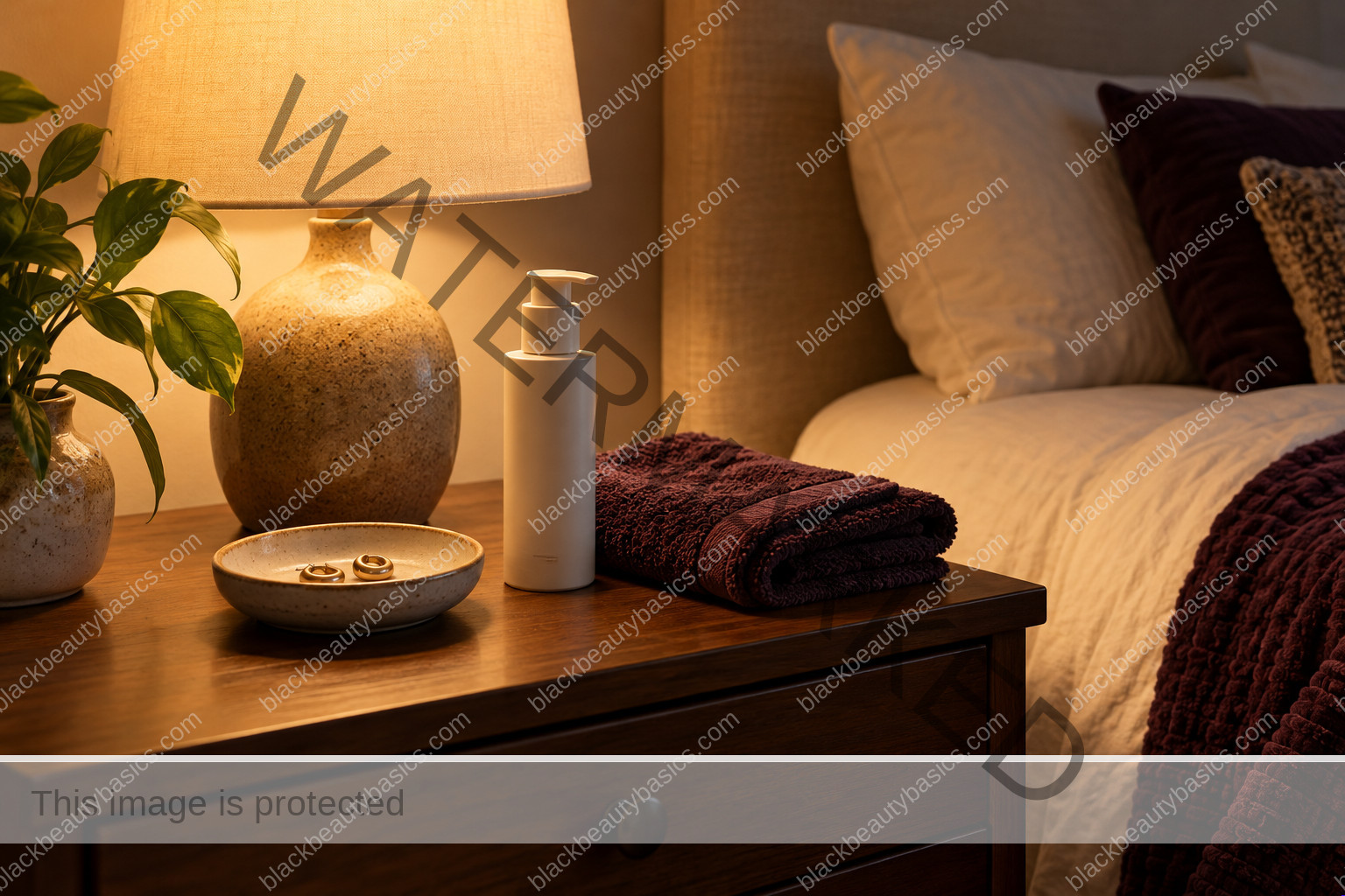 Plain moisturizer bottle and folded plum towel on a warmly lit bedside table