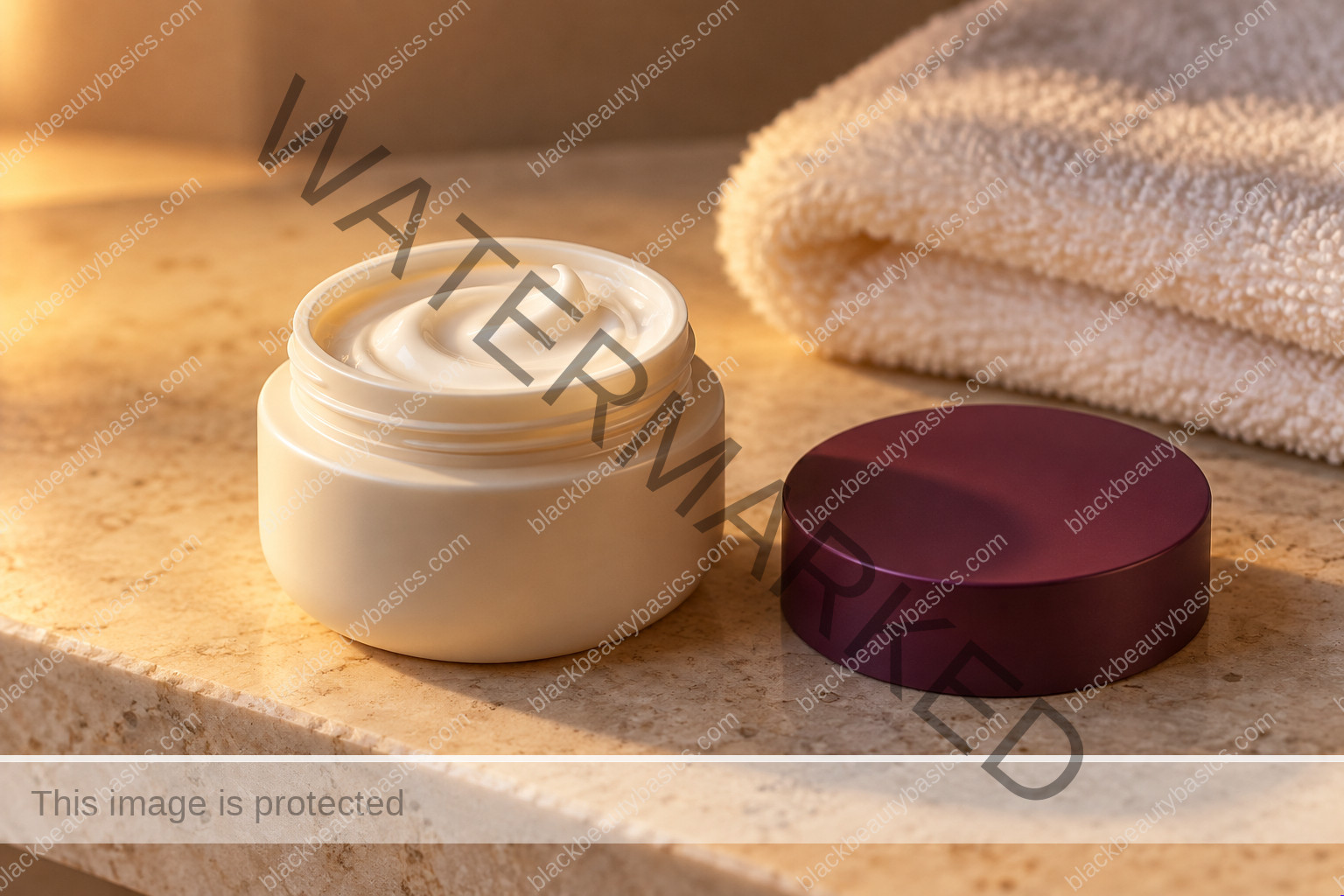 Open ivory moisturizer jar with a plum lid beside a folded soft towel
