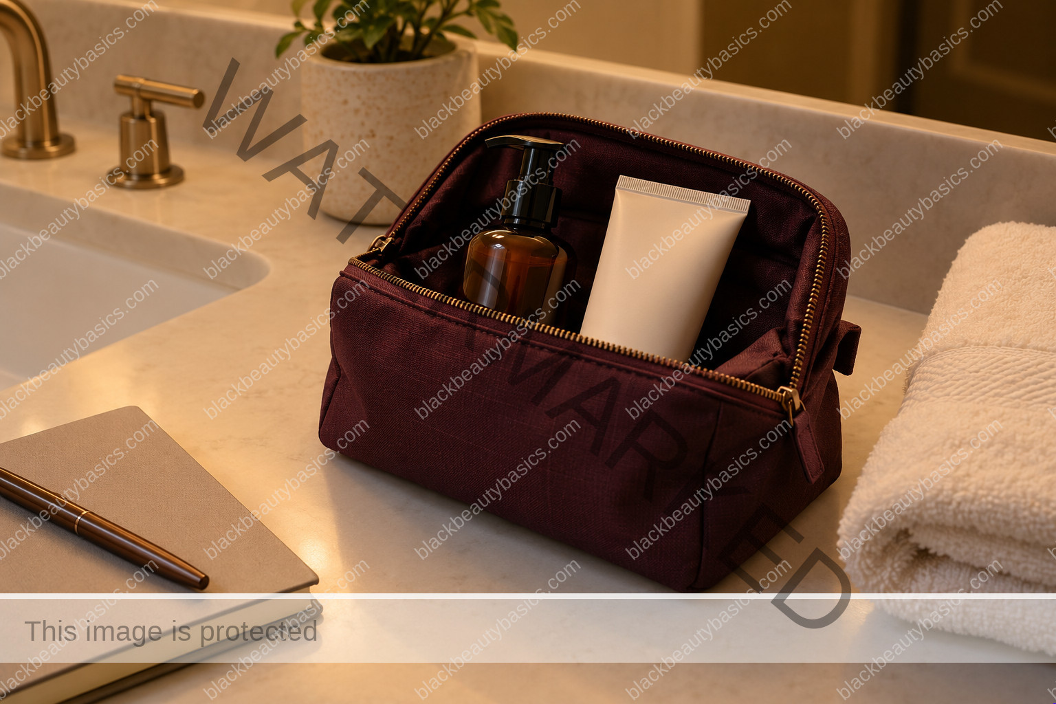 Open plum toiletry pouch holding two plain skincare containers beside a towel and notebook