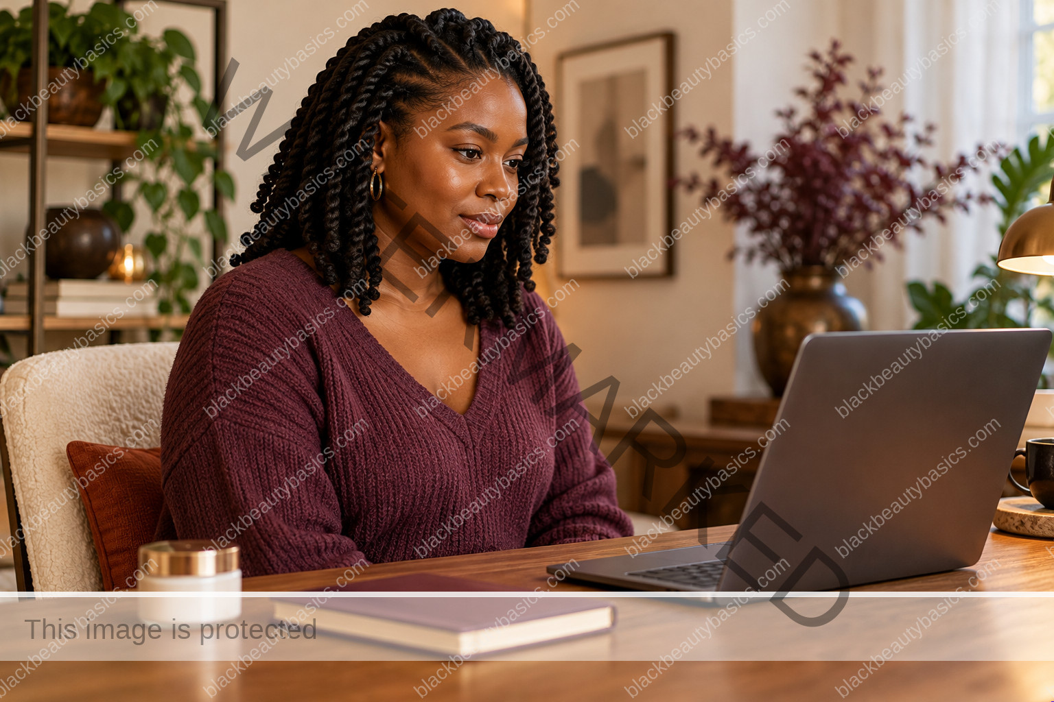 Black woman with twists reviewing a laptop at a desk beside a closed notebook