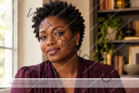 Black woman with deep brown skin and natural coils seated by a window in a plum blouse