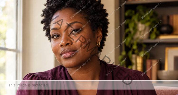 Black woman with deep brown skin and natural coils seated by a window in a plum blouse
