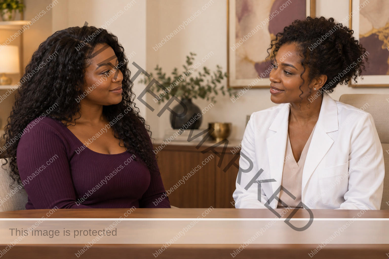 Black woman discussing a skin concern with a Black woman clinician across a desk